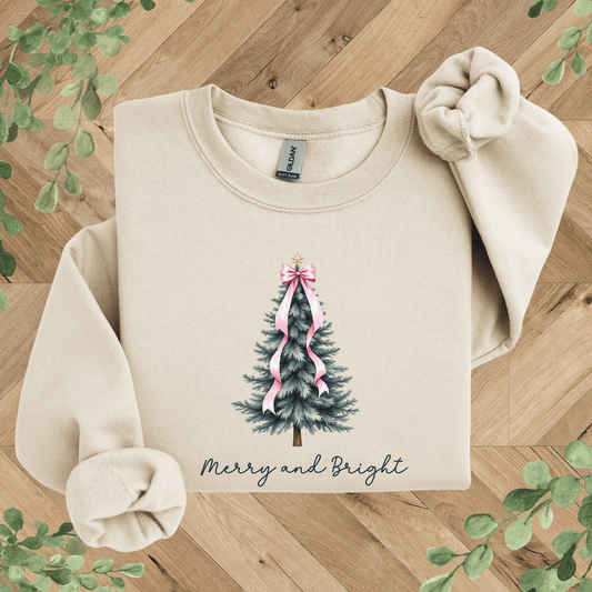 Merry + Bright Tree and Pink Bow Sweatshirt